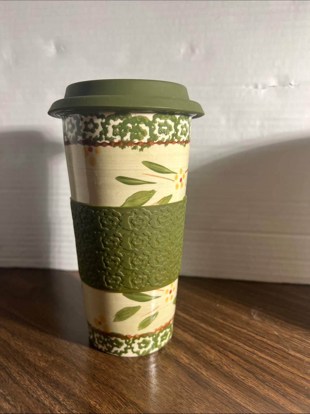 Temptations coffee Ceramic Travel Mug with Olive Silicone Lid & Grip